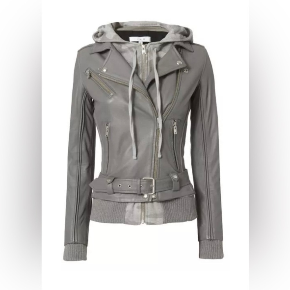 New IRO Intermix Gray Harper Leather With Camo Zip Biker Jacket 38